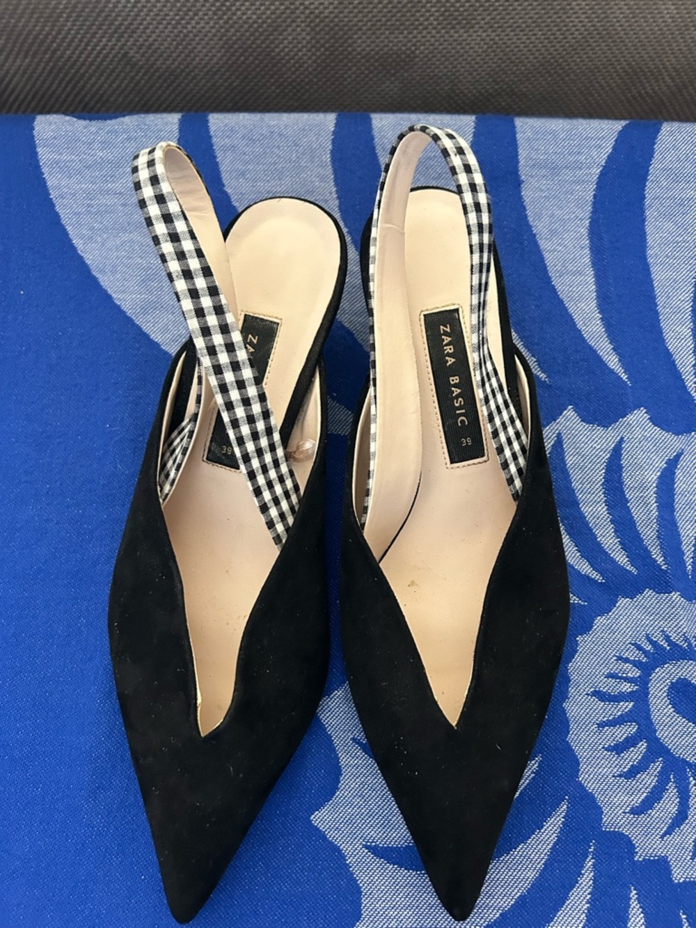 Zara Black Suede Pointed Slingback Flats with Gingham Strap
